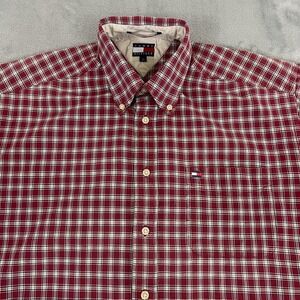 Tommy Hilfiger Shirt Mens Large Red Plaid Short Sleeve‎ Button Down Cotton Flag